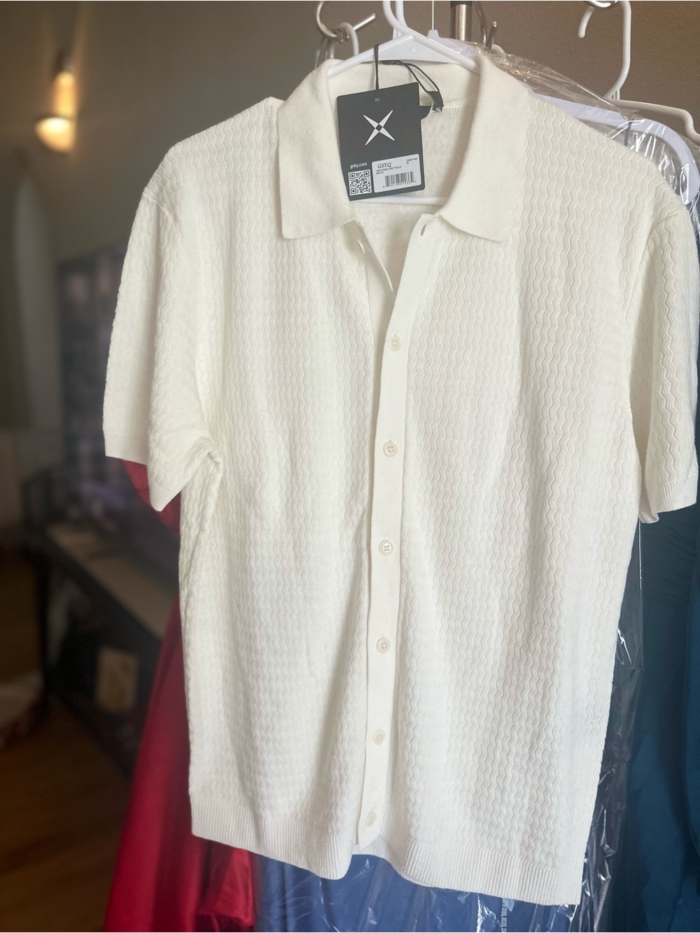 Men's Cream Short-Sleeve Button-Down Knit Shirt